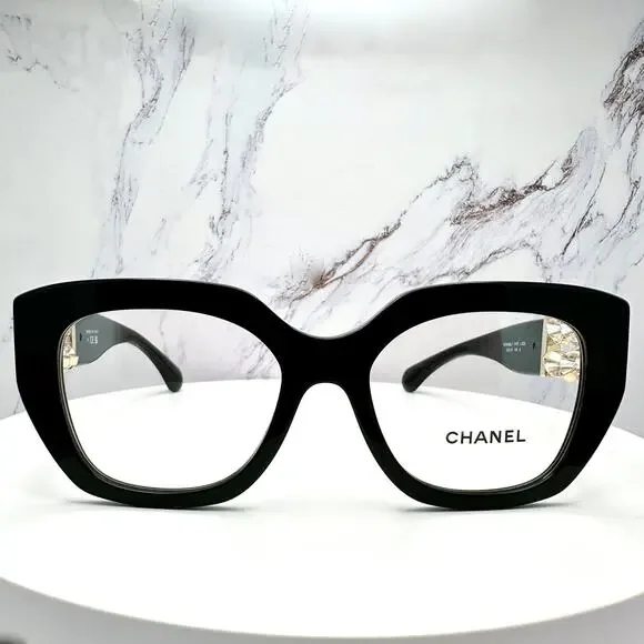 New CHANEL Eyeglasses Black Gold Cat Eye Clear Rotating Pearls 52mm - Picture 15 of 15